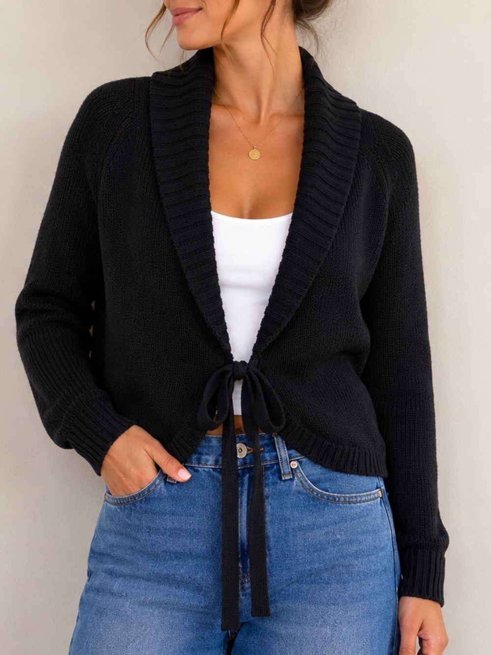 Esprit Black Tie Front Shawl Collar Cardigan Sweater Size XS